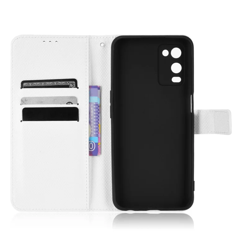 For Oppo A54 4G Diamond Texture Folding Stand PU Leather Folio Case Magnetic Closure Wallet Style Flip Cover with Strap - White