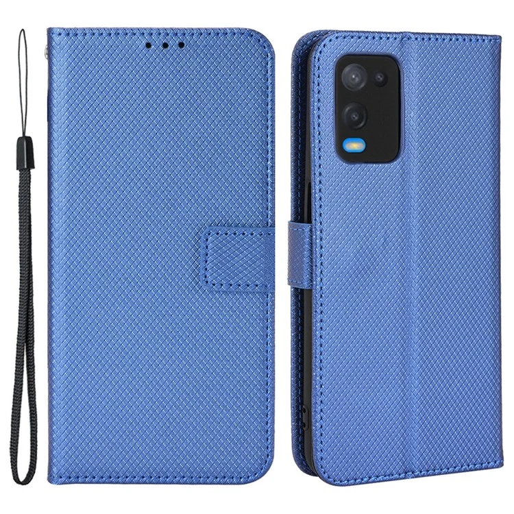 Para Oppo A54 4G Diamond Texture Stand pu Leather Folio Caso de Fechamento Magnético Tampa do Estilo da Carteira Com Cinta - Azul