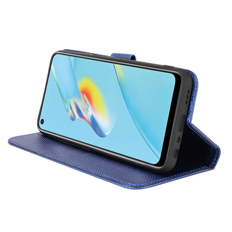 Para Oppo A54 4G Diamond Texture Stand pu Leather Folio Caso de Fechamento Magnético Tampa do Estilo da Carteira Com Cinta - Azul