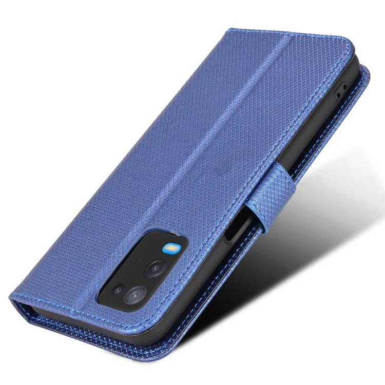 Para Oppo A54 4G Diamond Texture Stand pu Leather Folio Caso de Fechamento Magnético Tampa do Estilo da Carteira Com Cinta - Azul