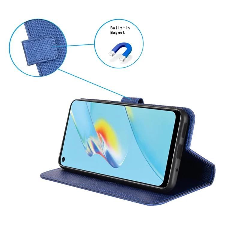 Para Oppo A54 4G Diamond Texture Stand pu Leather Folio Caso de Fechamento Magnético Tampa do Estilo da Carteira Com Cinta - Azul