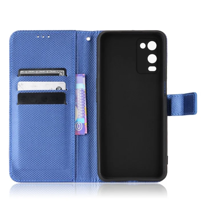 Para Oppo A54 4G Diamond Texture Stand pu Leather Folio Caso de Fechamento Magnético Tampa do Estilo da Carteira Com Cinta - Azul