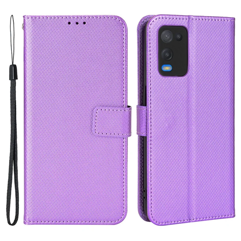For Oppo A54 4G Diamond Texture Folding Stand PU Leather Folio Case Magnetic Closure Wallet Style Flip Cover with Strap - Purple