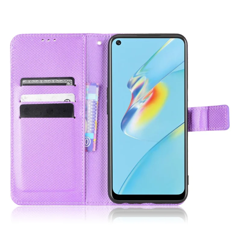 For Oppo A54 4G Diamond Texture Folding Stand PU Leather Folio Case Magnetic Closure Wallet Style Flip Cover with Strap - Purple