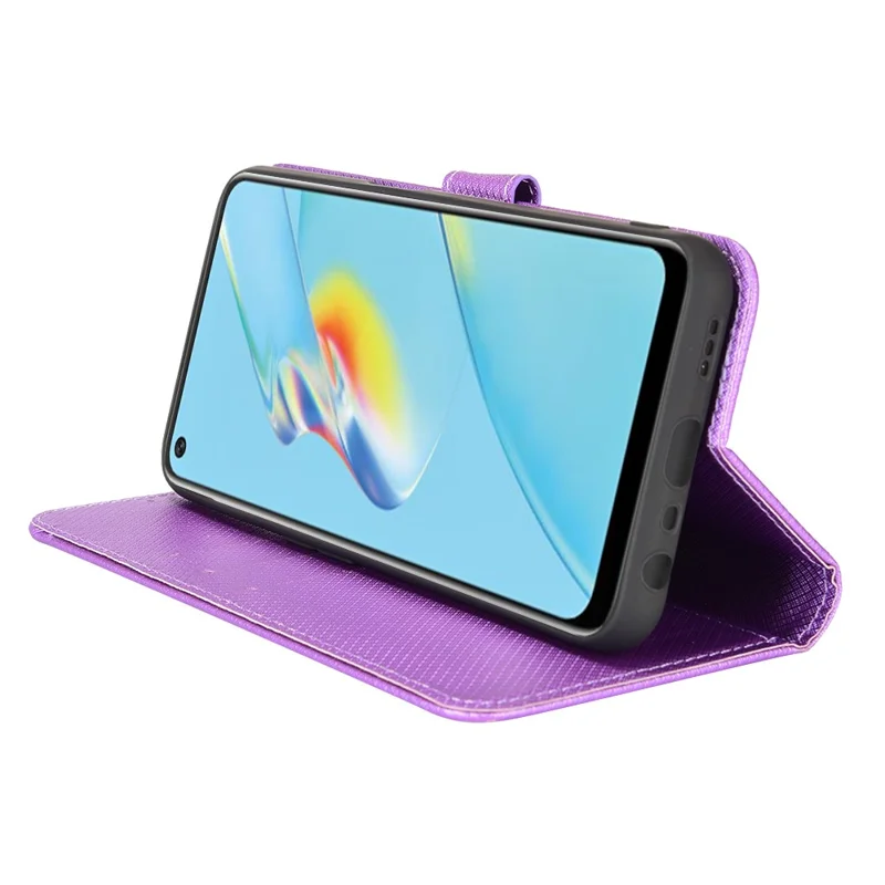For Oppo A54 4G Diamond Texture Folding Stand PU Leather Folio Case Magnetic Closure Wallet Style Flip Cover with Strap - Purple