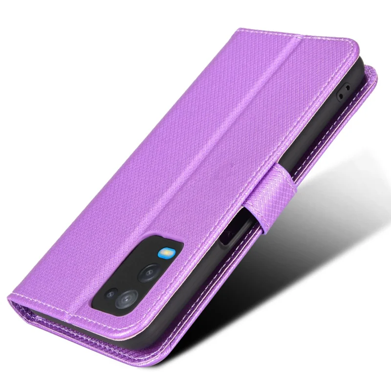 For Oppo A54 4G Diamond Texture Folding Stand PU Leather Folio Case Magnetic Closure Wallet Style Flip Cover with Strap - Purple