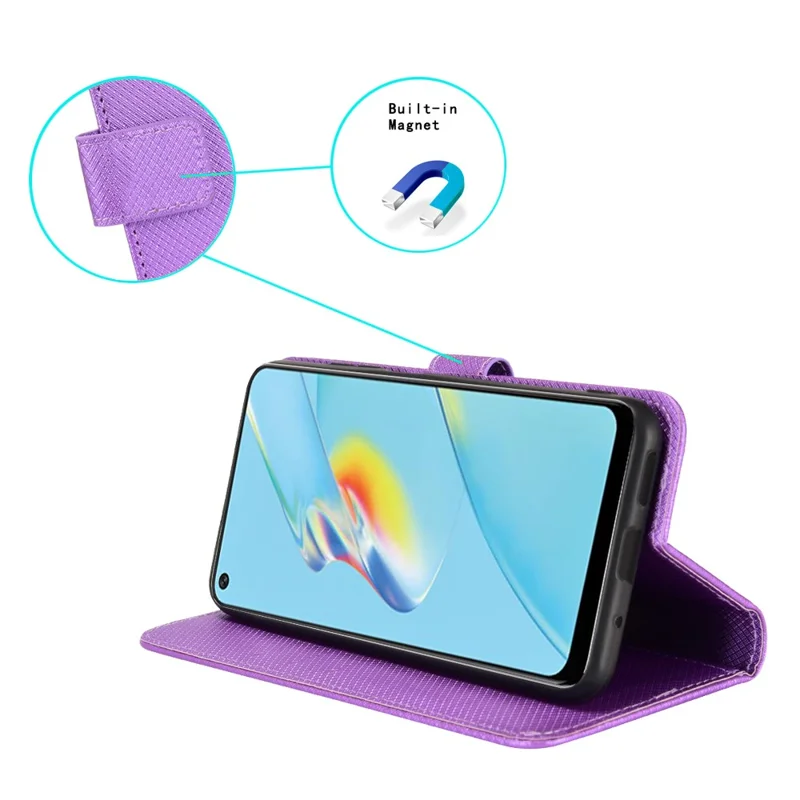 For Oppo A54 4G Diamond Texture Folding Stand PU Leather Folio Case Magnetic Closure Wallet Style Flip Cover with Strap - Purple