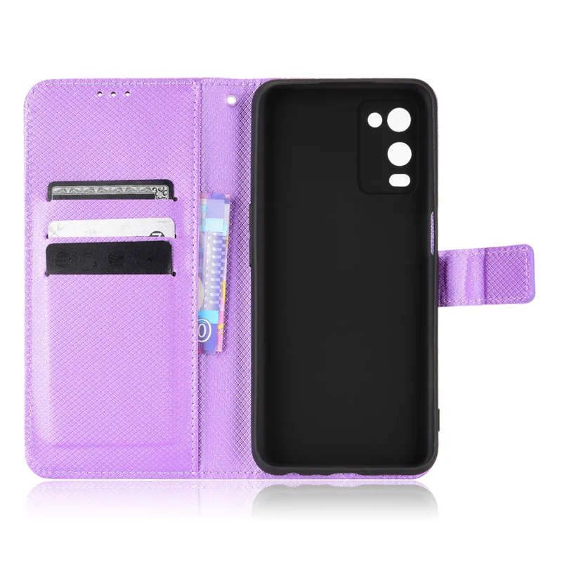 For Oppo A54 4G Diamond Texture Folding Stand PU Leather Folio Case Magnetic Closure Wallet Style Flip Cover with Strap - Purple