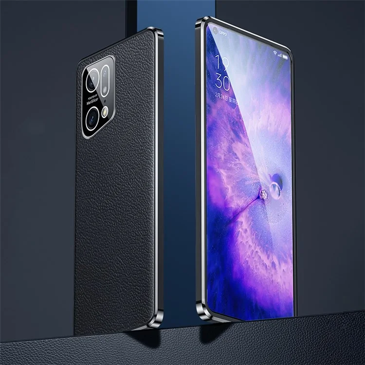 Electroplated Textured Case for Oppo Find X5 Genuine Cowhide Leather Coating Soft TPU Cover Phone Shell - Black