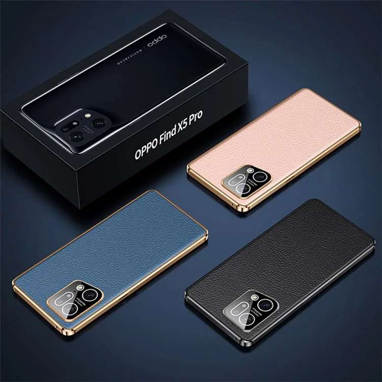 Electroplated Textured Case for Oppo Find X5 Genuine Cowhide Leather Coating Soft TPU Cover Phone Shell - Black