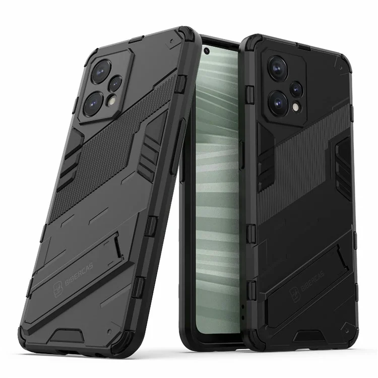 Für Realme 9 Pro+ stoßfeste, kratzfeste Handyhülle, Hartplastik + weiches TPU-Ständer-Cover - Schwarz
