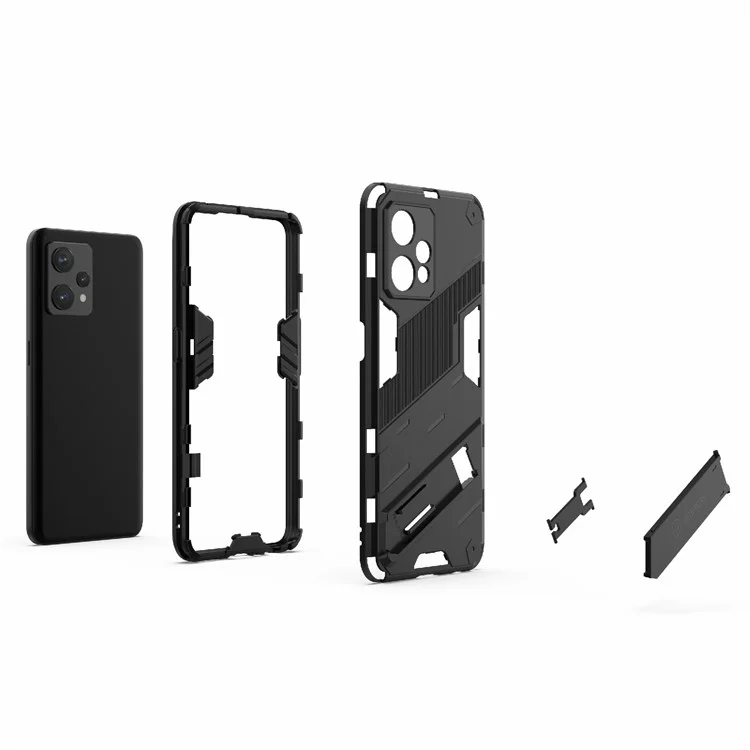 Für Realme 9 Pro+ stoßfeste, kratzfeste Handyhülle, Hartplastik + weiches TPU-Ständer-Cover - Schwarz