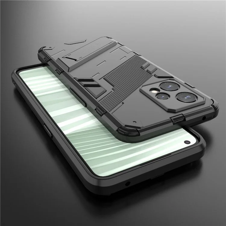 Für Realme 9 Pro+ stoßfeste, kratzfeste Handyhülle, Hartplastik + weiches TPU-Ständer-Cover - Schwarz