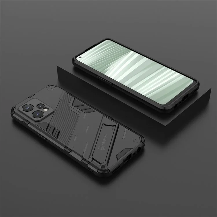 Für Realme 9 Pro+ stoßfeste, kratzfeste Handyhülle, Hartplastik + weiches TPU-Ständer-Cover - Schwarz