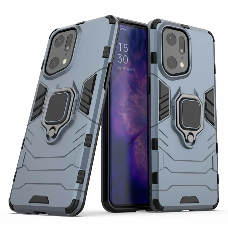 For Oppo Find X5 Pro Drop-proof TPU+ Hard PC Case Ring Kickstand Precise Cutout Back Cover - Blue
