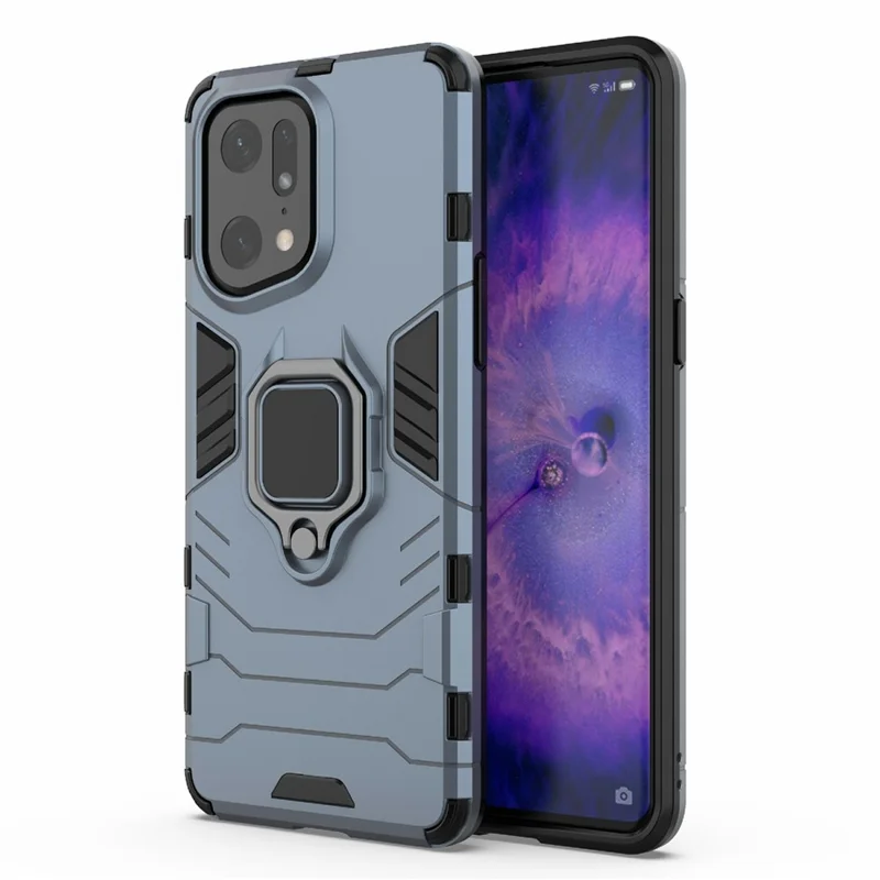 For Oppo Find X5 Pro Drop-proof TPU+ Hard PC Case Ring Kickstand Precise Cutout Back Cover - Blue