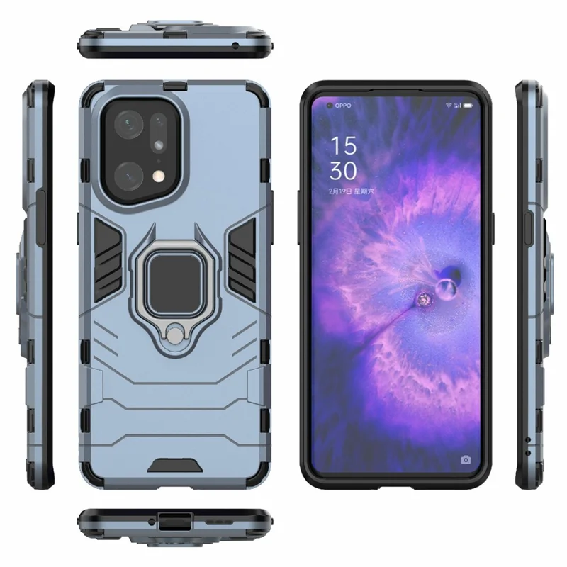 For Oppo Find X5 Pro Drop-proof TPU+ Hard PC Case Ring Kickstand Precise Cutout Back Cover - Blue