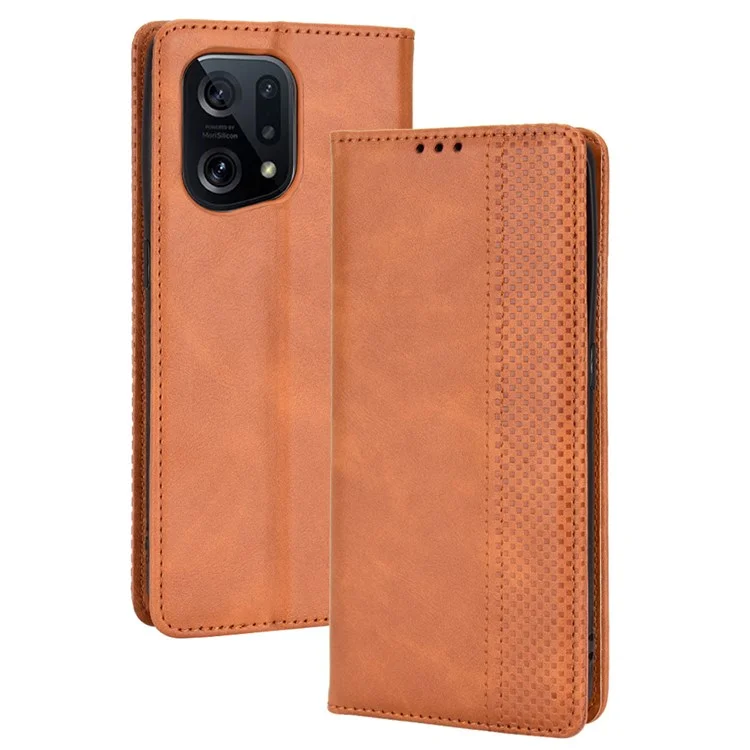 For Oppo Find X5 Retro Leather Smooth Protective Phone Cover Mosaic Imprinted Wallet Stand Magnetic Suction Folio Cover - Brown