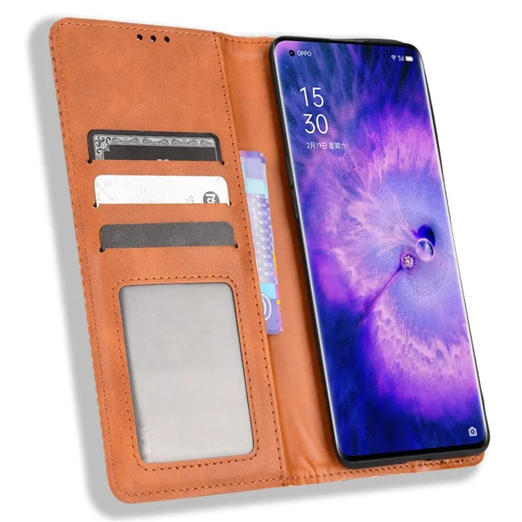 For Oppo Find X5 Retro Leather Smooth Protective Phone Cover Mosaic Imprinted Wallet Stand Magnetic Suction Folio Cover - Brown