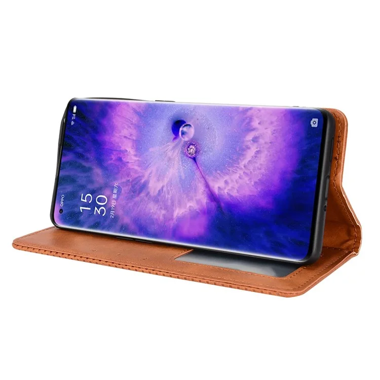 For Oppo Find X5 Retro Leather Smooth Protective Phone Cover Mosaic Imprinted Wallet Stand Magnetic Suction Folio Cover - Brown