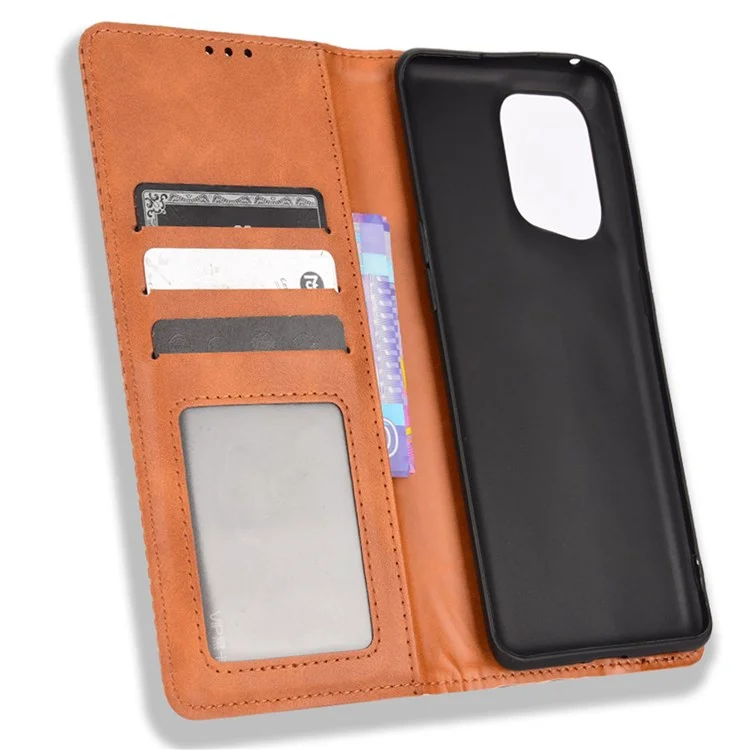 For Oppo Find X5 Retro Leather Smooth Protective Phone Cover Mosaic Imprinted Wallet Stand Magnetic Suction Folio Cover - Brown