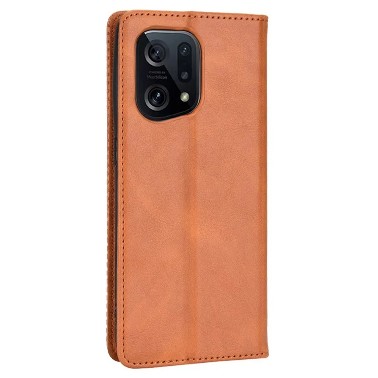 For Oppo Find X5 Retro Leather Smooth Protective Phone Cover Mosaic Imprinted Wallet Stand Magnetic Suction Folio Cover - Brown