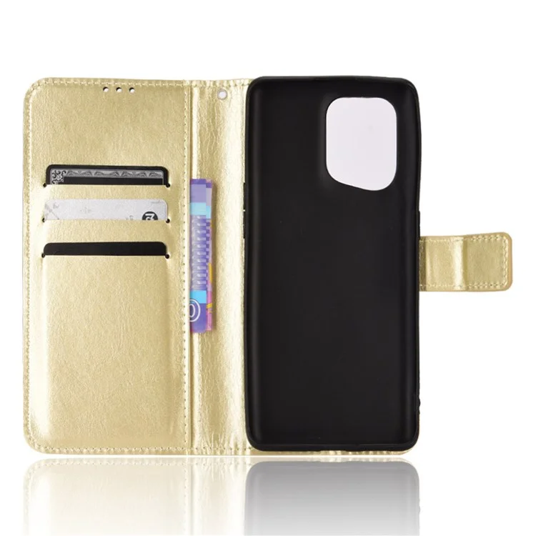 For Oppo Find X5 Crazy Horse Textured Phone Protection Leather Case Horizontal Viewing Stand Wallet Phone Shell Holster with Strap - Gold