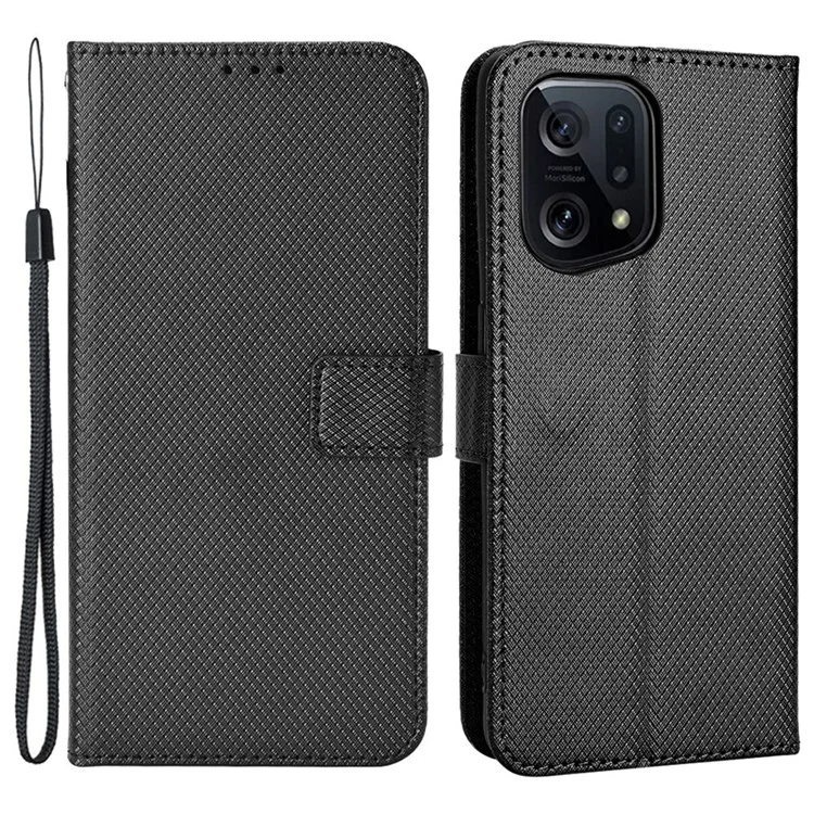 For Oppo Find X5 PU Leather TPU Inner Folio Flip Cover Stand Wrist Strap Diamond Texture Design Flip Wallet Case  - Black