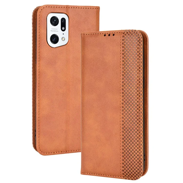 Per Oppo Trovare X5 Pro Retro PU Pullo Portano Flip Copertura Mosaica Exprinted Auto Magnetic Closed State Function Follio TPU Shell Interno Shell - Marrone