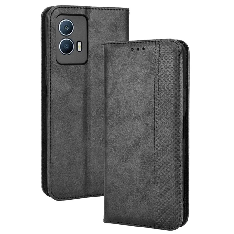 Für Vivo Iqoo U5 Retro Leder Einstellbarer Ständer Magnetic Shell Mosaic Geprinktes Brieftaschenstil Abdeckung - Schwarz