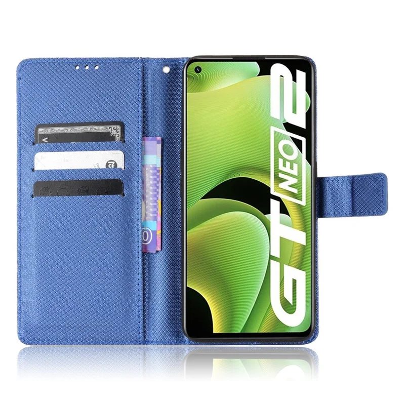 PU Leather Cover for Realme GT Neo2 5G/GT Neo 3T 5G/GT2 Anti-scratch Diamond Texture Wallet Stand Magnetic Full Protection Phone Case - Blue