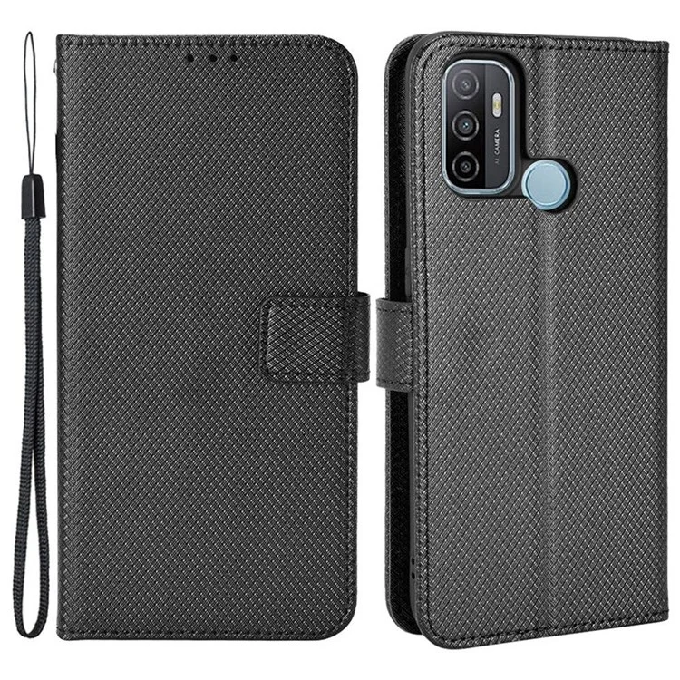 Für Oppo A53 (2020)/A32 (2020)/a53s/a33 (2020) Diamant Texture Stand Phone Hülle Schockdichte Leder Brieftasche Shell - Schwarz