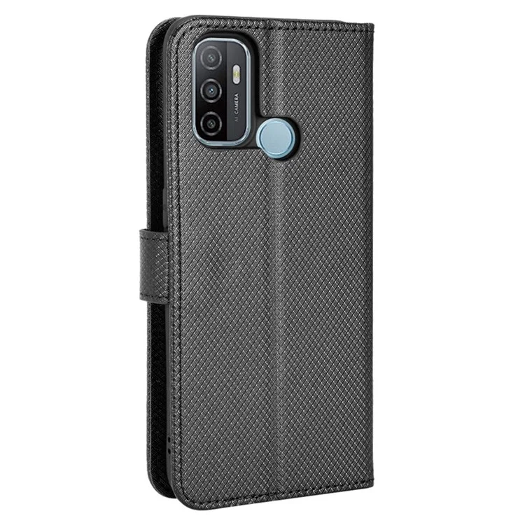 Für Oppo A53 (2020)/A32 (2020)/a53s/a33 (2020) Diamant Texture Stand Phone Hülle Schockdichte Leder Brieftasche Shell - Schwarz