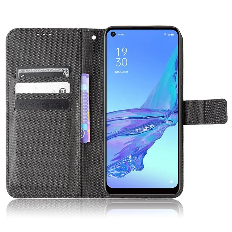 Für Oppo A53 (2020)/A32 (2020)/a53s/a33 (2020) Diamant Texture Stand Phone Hülle Schockdichte Leder Brieftasche Shell - Schwarz