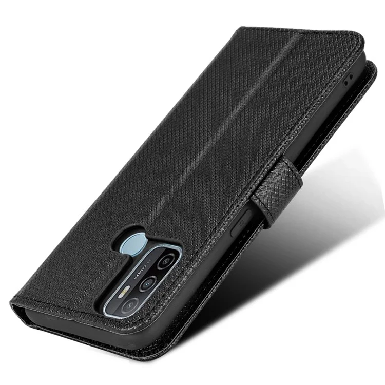 Für Oppo A53 (2020)/A32 (2020)/a53s/a33 (2020) Diamant Texture Stand Phone Hülle Schockdichte Leder Brieftasche Shell - Schwarz