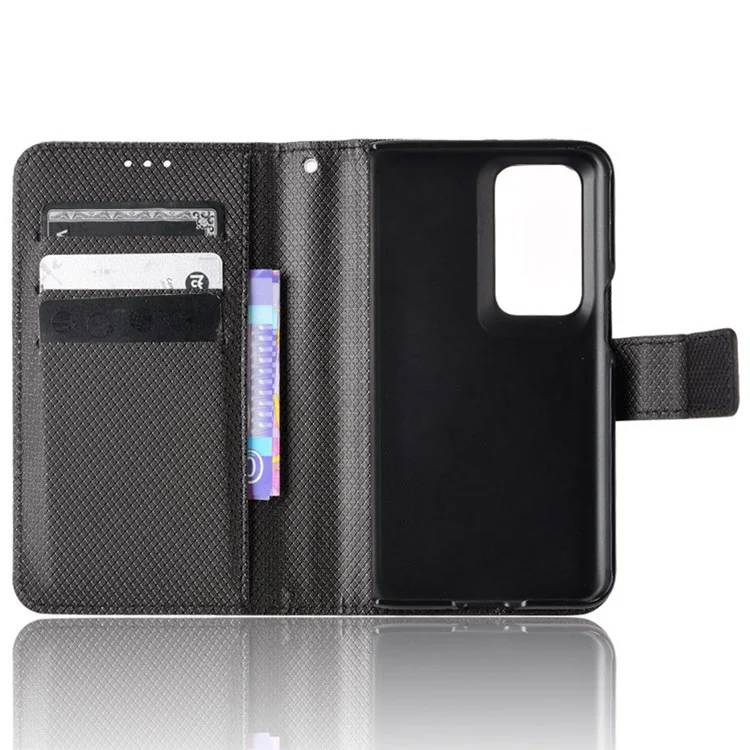 Diamond Texture Phone Case for Oppo Find N, Drop-proof PU Leather Stand Wallet Shell - Black