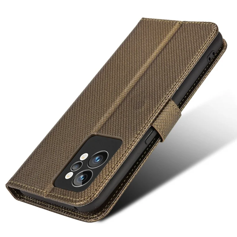 For Realme GT2 Pro Magnetic Clasp Diamond Texture Adjustable Stand PU Leather Wallet Cover - Brown