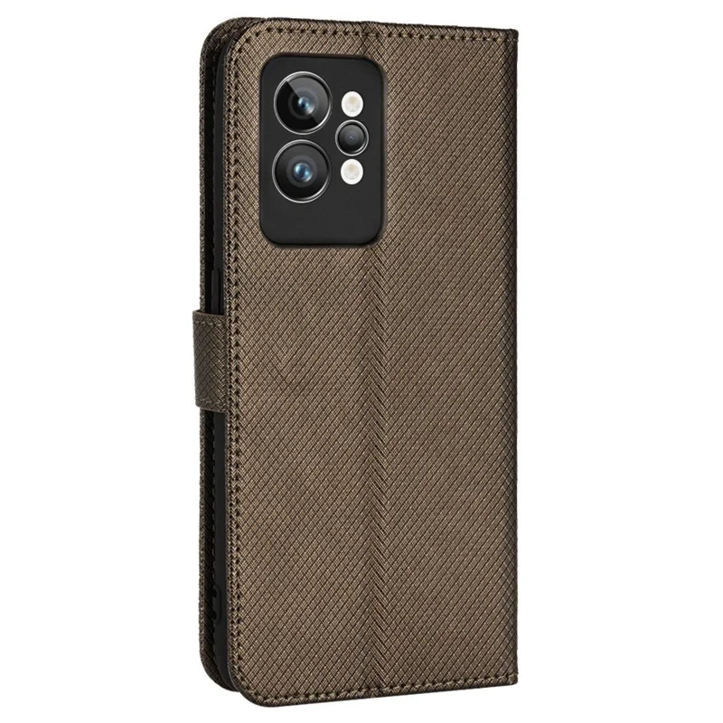 For Realme GT2 Pro Magnetic Clasp Diamond Texture Adjustable Stand PU Leather Wallet Cover - Brown