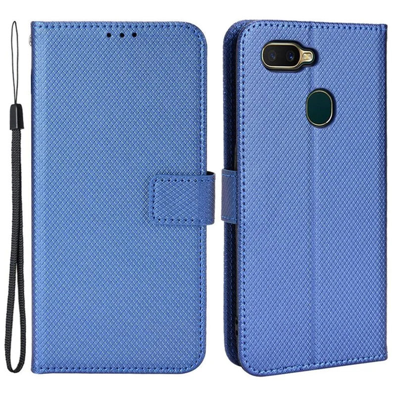 Til Oppo A7/AX7/A5s/AX5s/A12 Diamantstruktur PU-læderetasken Wallet Stående mobildæksel - Blå