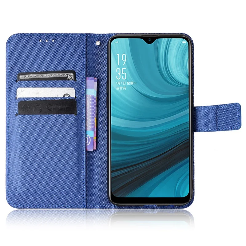 Til Oppo A7/AX7/A5s/AX5s/A12 Diamantstruktur PU-læderetasken Wallet Stående mobildæksel - Blå