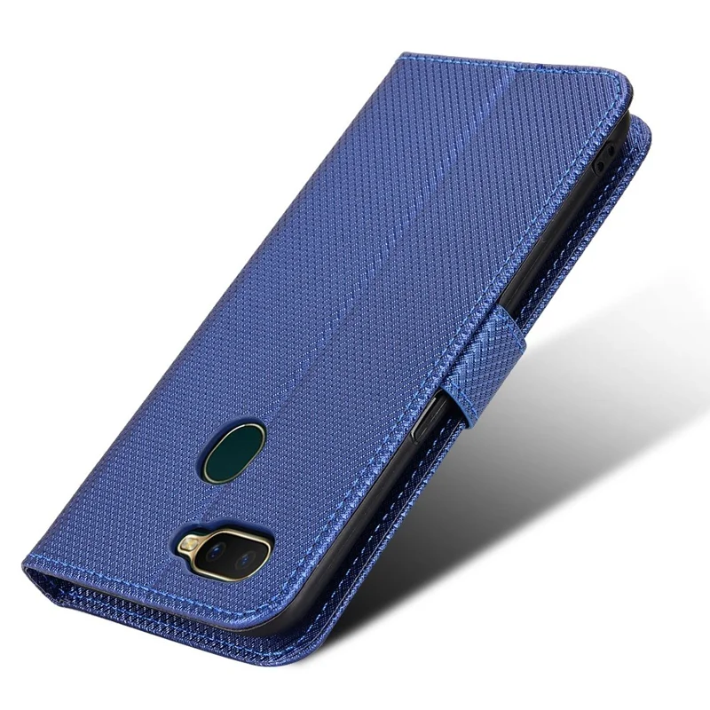 Til Oppo A7/AX7/A5s/AX5s/A12 Diamantstruktur PU-læderetasken Wallet Stående mobildæksel - Blå