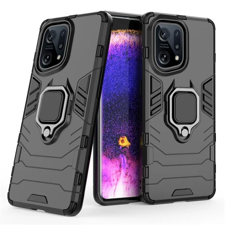 Pour Oppo Find X5 Ring Kickstand Phone Case Soft TPU + Hard PC Impact-resistant Protective Cover - Noir