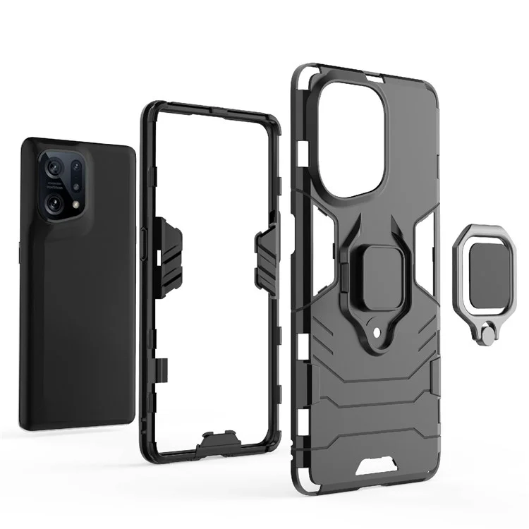 Pour Oppo Find X5 Ring Kickstand Phone Case Soft TPU + Hard PC Impact-resistant Protective Cover - Noir