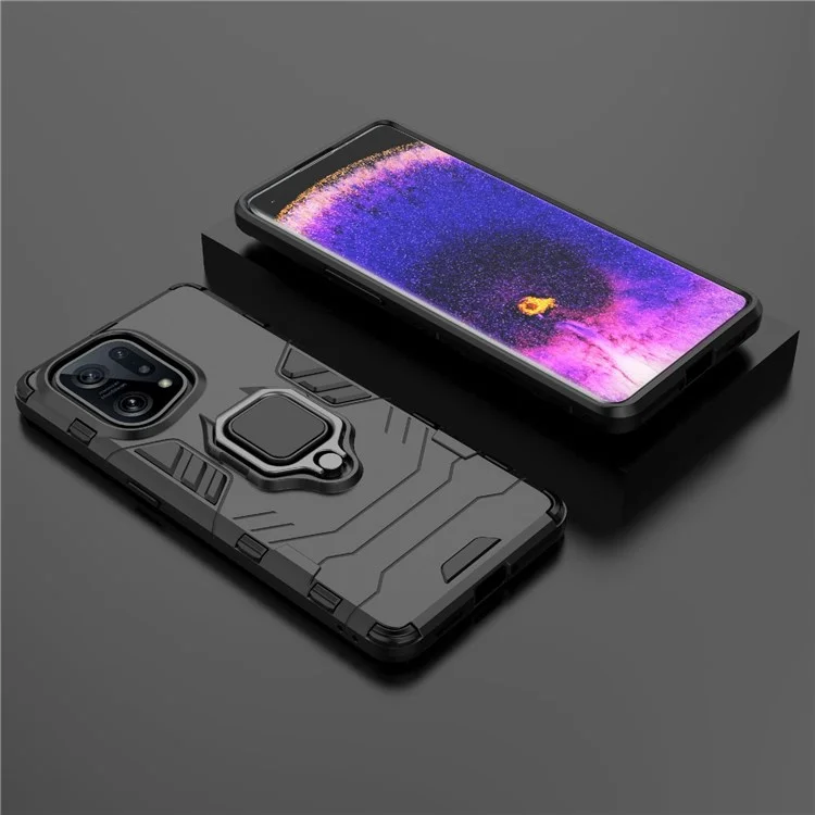 Pour Oppo Find X5 Ring Kickstand Phone Case Soft TPU + Hard PC Impact-resistant Protective Cover - Noir