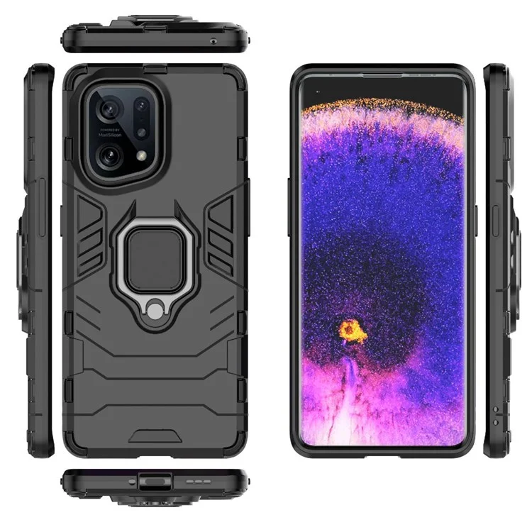 Pour Oppo Find X5 Ring Kickstand Phone Case Soft TPU + Hard PC Impact-resistant Protective Cover - Noir