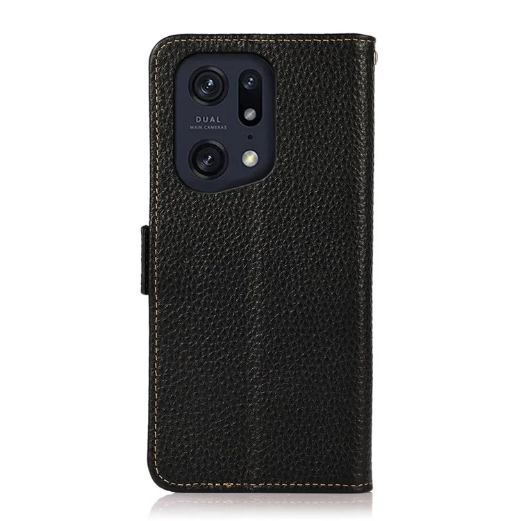 KHAZNEH Litchi Texture Case for Oppo Find X5 Pro, Stand Design All-round Shockproof Genuine Leather + TPU RFID Blocking Cover with Wallet - Black