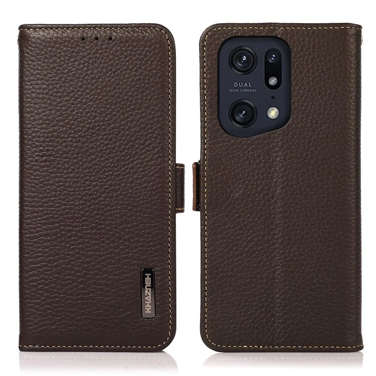 Étui Litchi Texture KHAZNEH pour Oppo Find X5 Pro, Design de support tout-rond Éclat de choc Cuir véritable + Étui RFID Blocking TPU avec Portefeuille - Marron