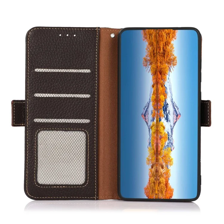 Étui Litchi Texture KHAZNEH pour Oppo Find X5 Pro, Design de support tout-rond Éclat de choc Cuir véritable + Étui RFID Blocking TPU avec Portefeuille - Marron