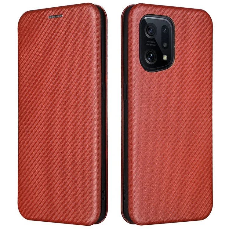 Carbon Fiber Texture Phone Case for Oppo Find X5 PU Leather Magnetic Closure Stand Protective Cover with Card Holder - Orange