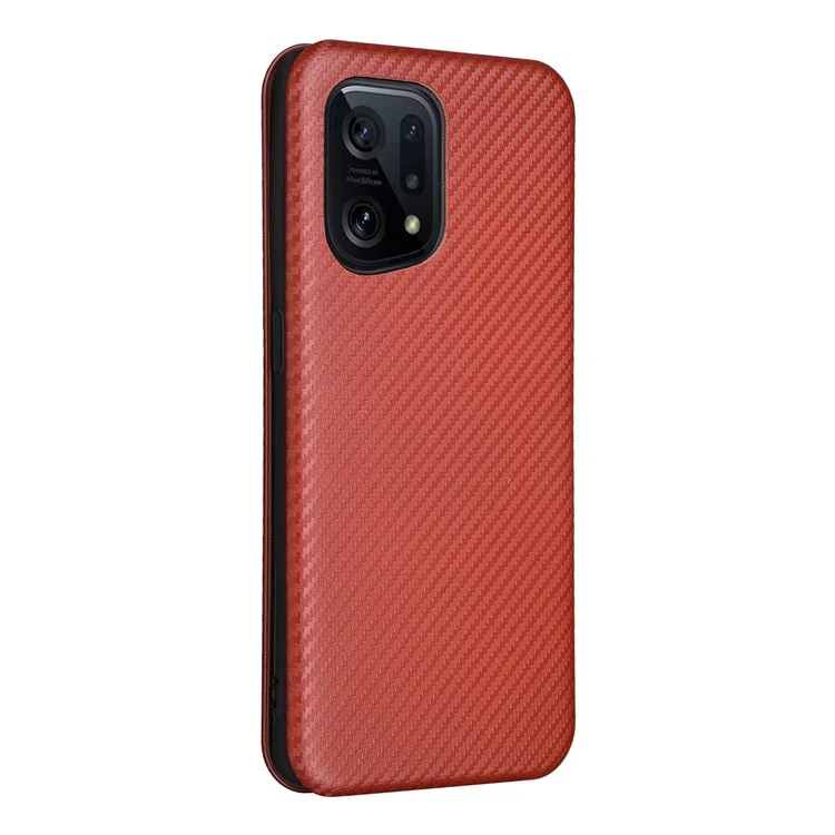 Carbon Fiber Texture Phone Case for Oppo Find X5 PU Leather Magnetic Closure Stand Protective Cover with Card Holder - Orange